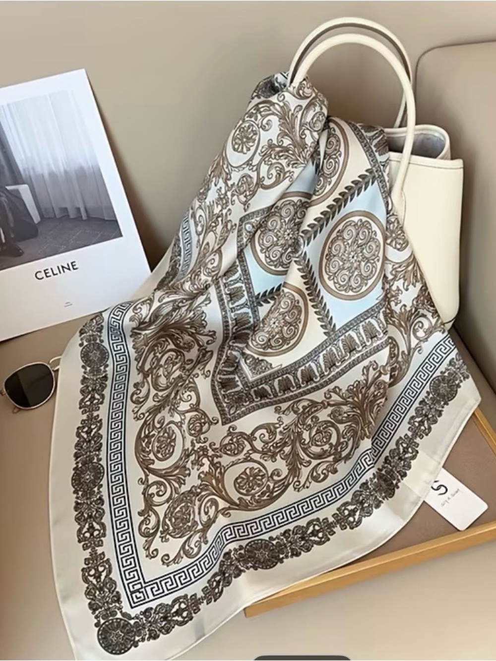 Ornate Baroque Silk-Feel Scarf in Cream, Taupe & Light Blue